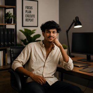 Freelance Digital Marketing Analyst in Kannur managing digital campaigns from a modern workspace.